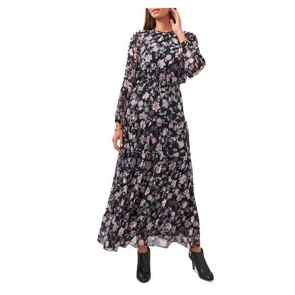 Vince Camuto Women's Blooms Long Sleeve Smock Waist Dress, Rich Black, Xs